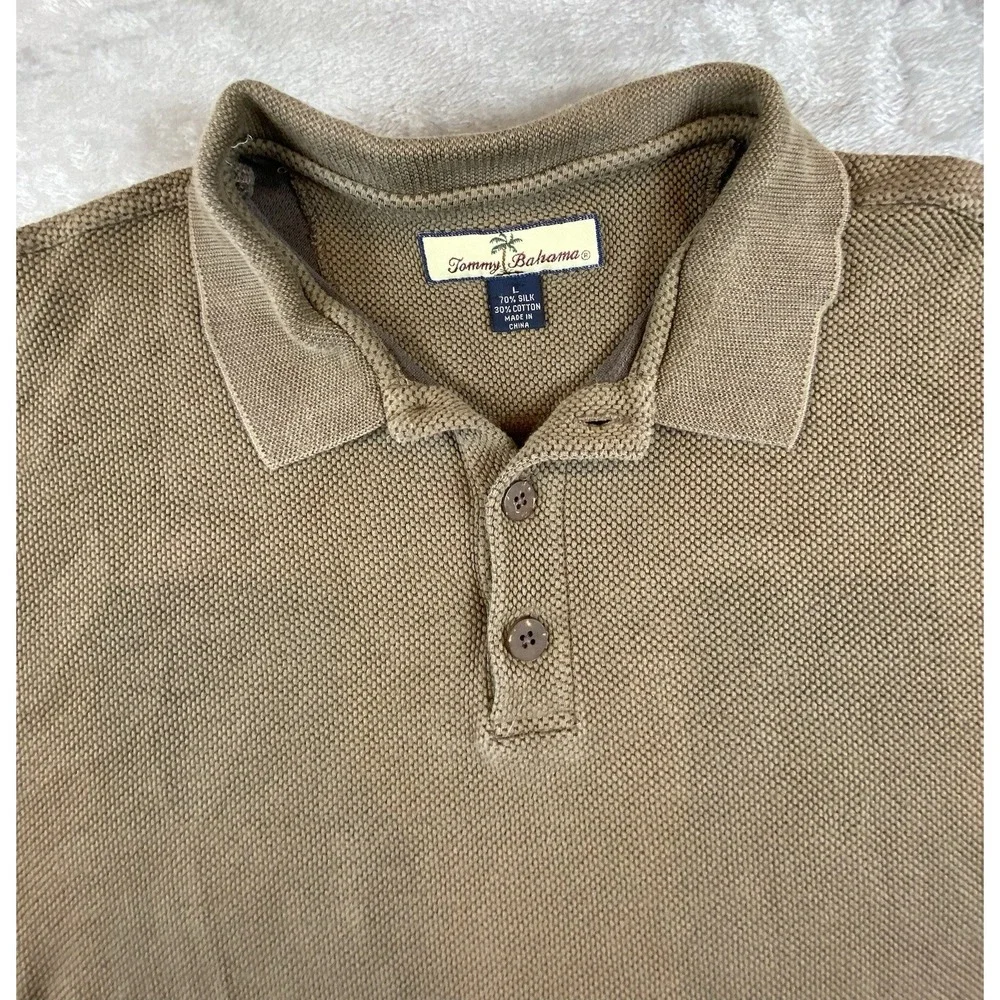 Tommy Bahama Polo Shirt Mens Large Brown Golf 70% silk 30% Cotton‎ Pique Knit